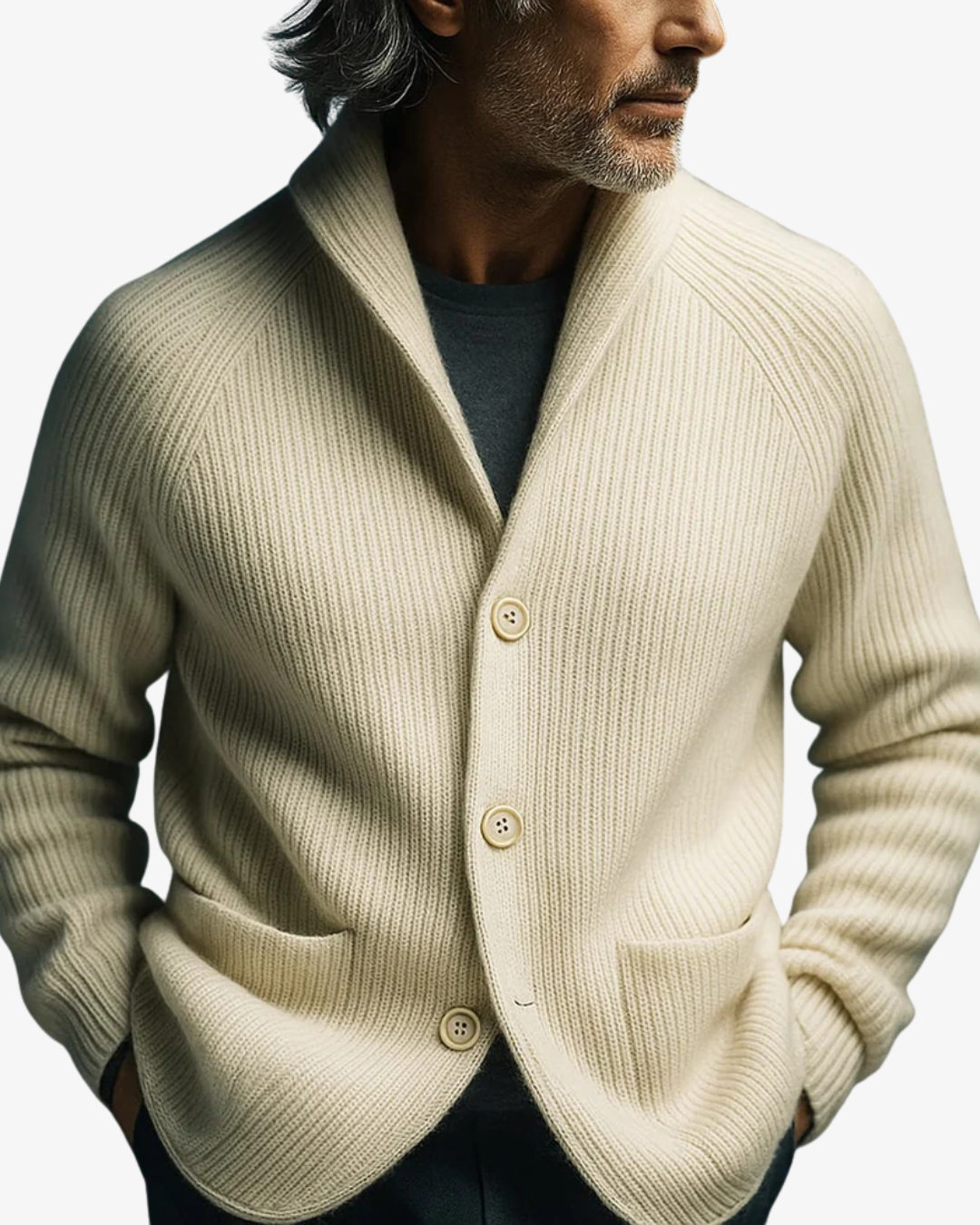 Nathaniel ivory knit cardigan close-up, model wearing buttoned front