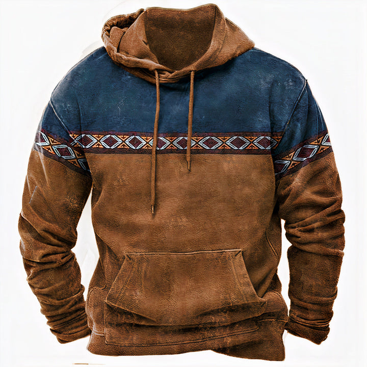 Nathaniel tribal colorblock pullover hoodie in brown and navy, front view