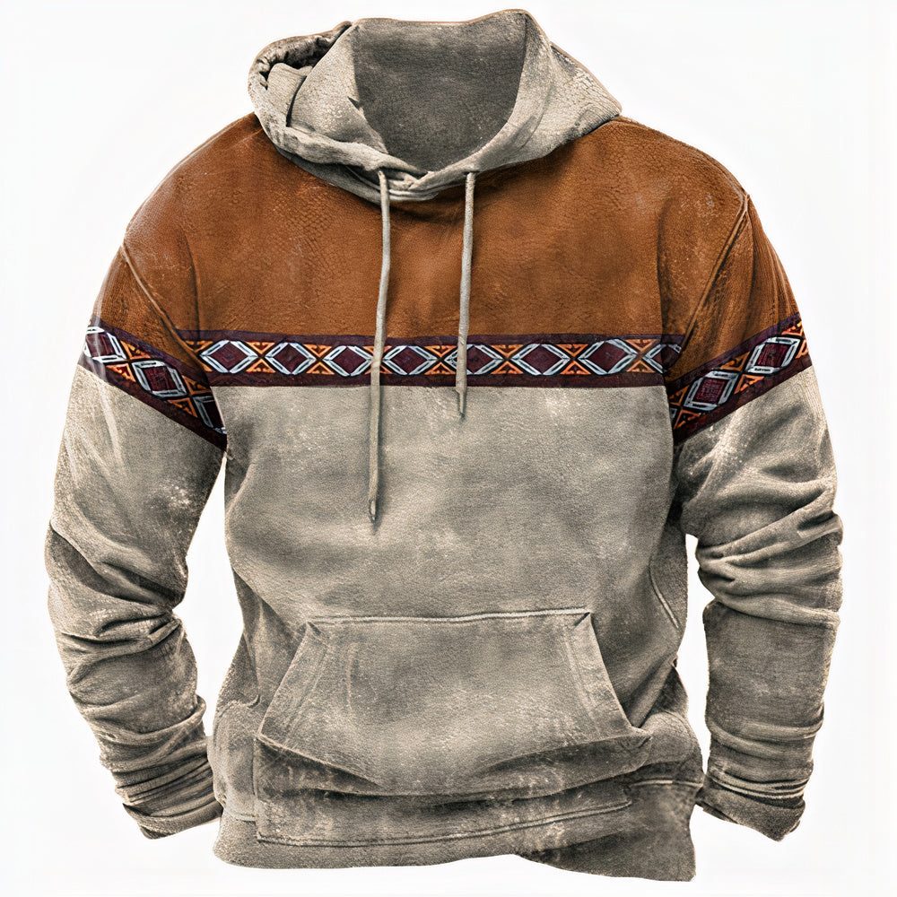 Nathaniel tribal colorblock pullover hoodie in gray and rust, front view