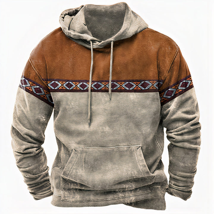 Nathaniel tribal colorblock pullover hoodie in gray and rust, front view