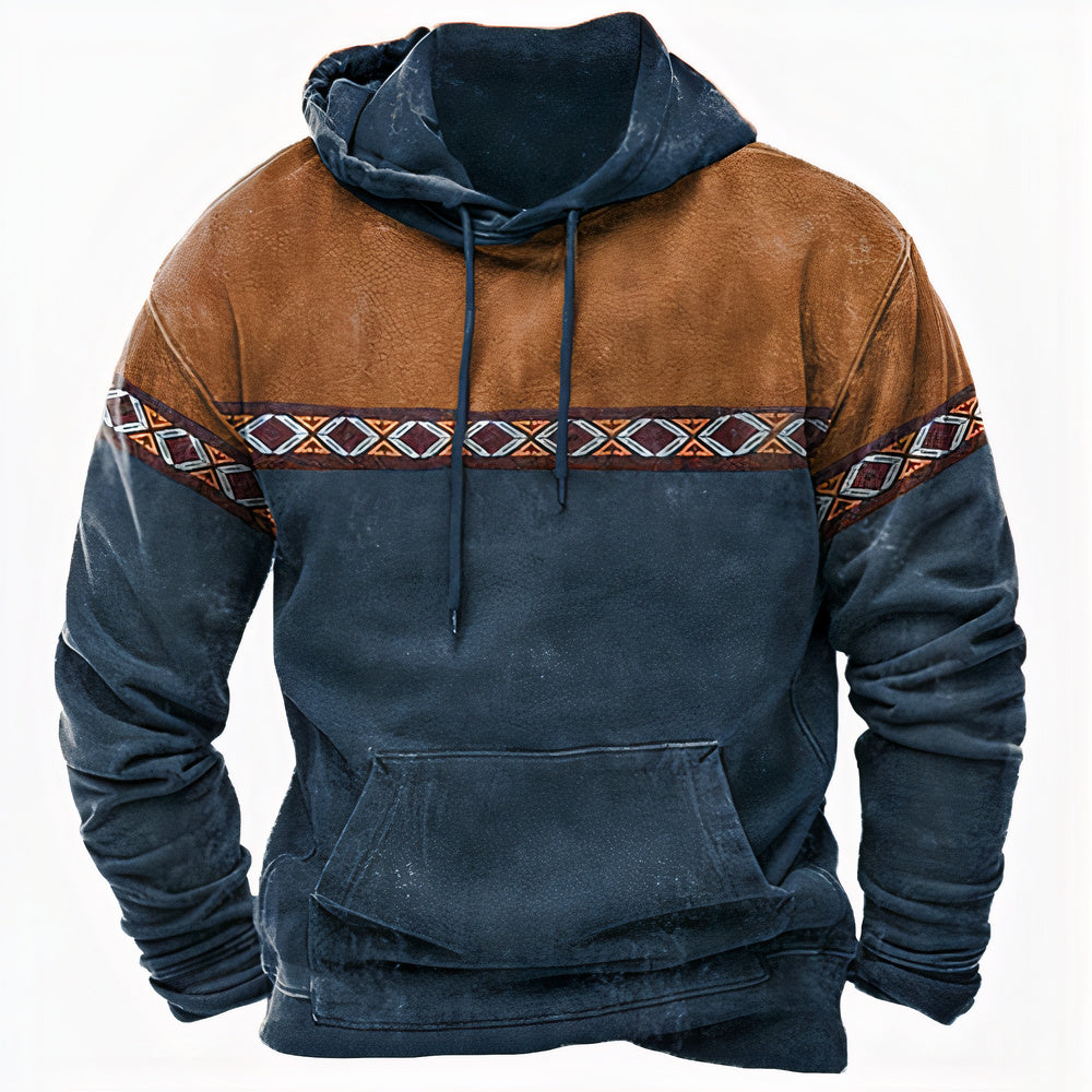 Nathaniel tribal colorblock pullover hoodie in navy and brown, front view