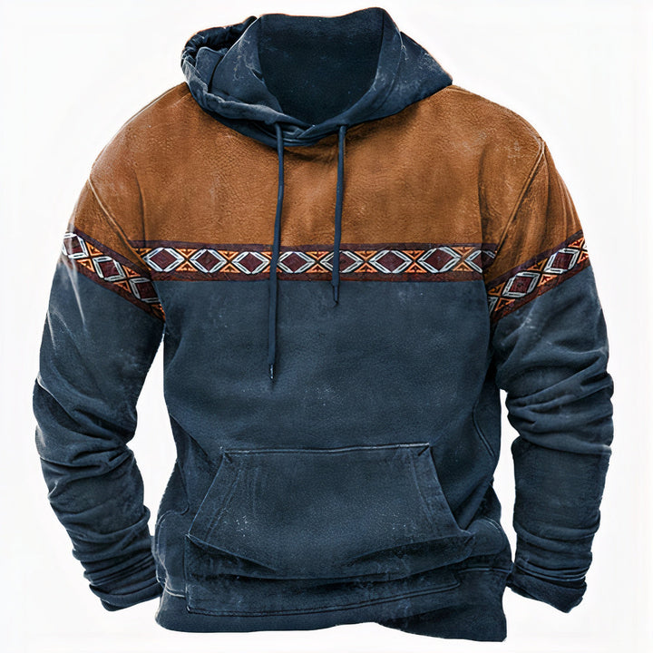 Nathaniel tribal colorblock pullover hoodie in navy and brown, front view