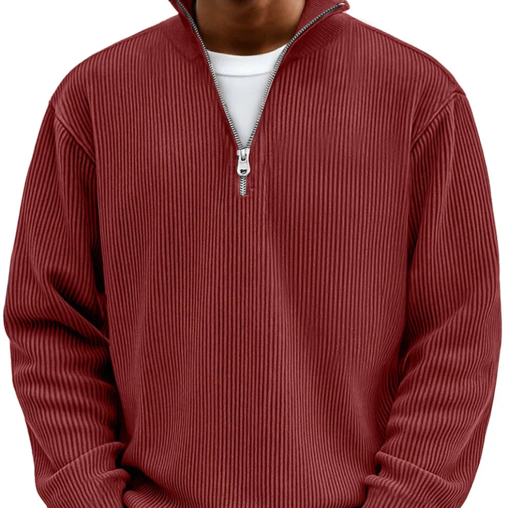 Nolan ribbed half-zip mock neck sweater in brick red, close-up front view
