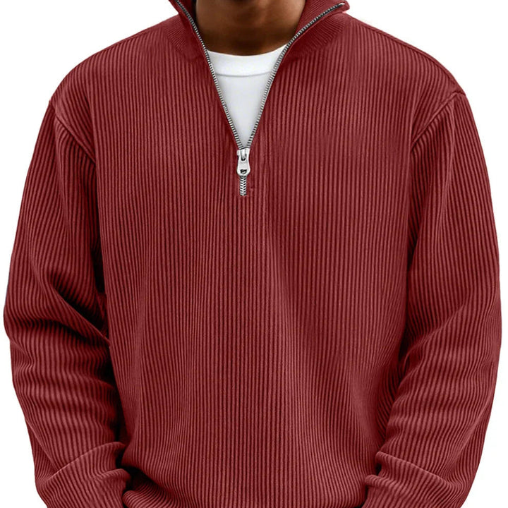 Nolan ribbed half-zip mock neck sweater in brick red, close-up front view