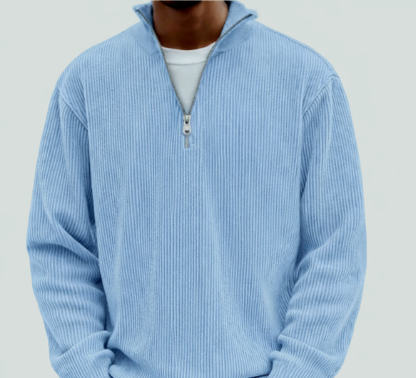Nolan ribbed half-zip mock neck sweater in light blue, styled front view