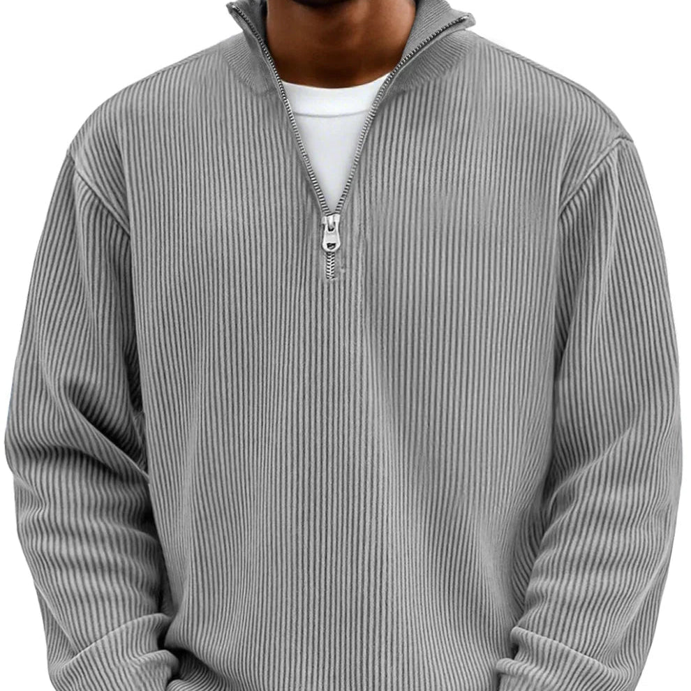 Nolan ribbed half-zip mock neck sweater in gray, close-up front view