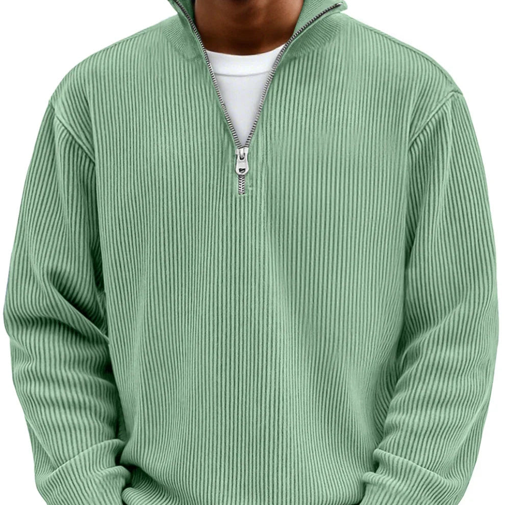 Nolan ribbed half-zip mock neck sweater in sage green, close-up front view
