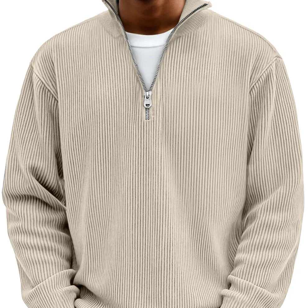 Nolan ribbed half-zip mock neck sweater in khaki, close-up front view
