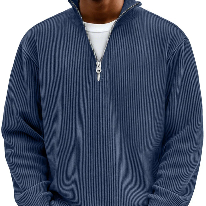 Nolan ribbed half-zip mock neck sweater in navy blue, close-up front view
