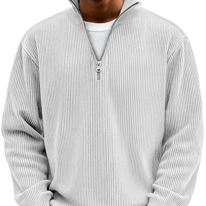 Nolan ribbed half-zip mock neck sweater in white, close-up front view
