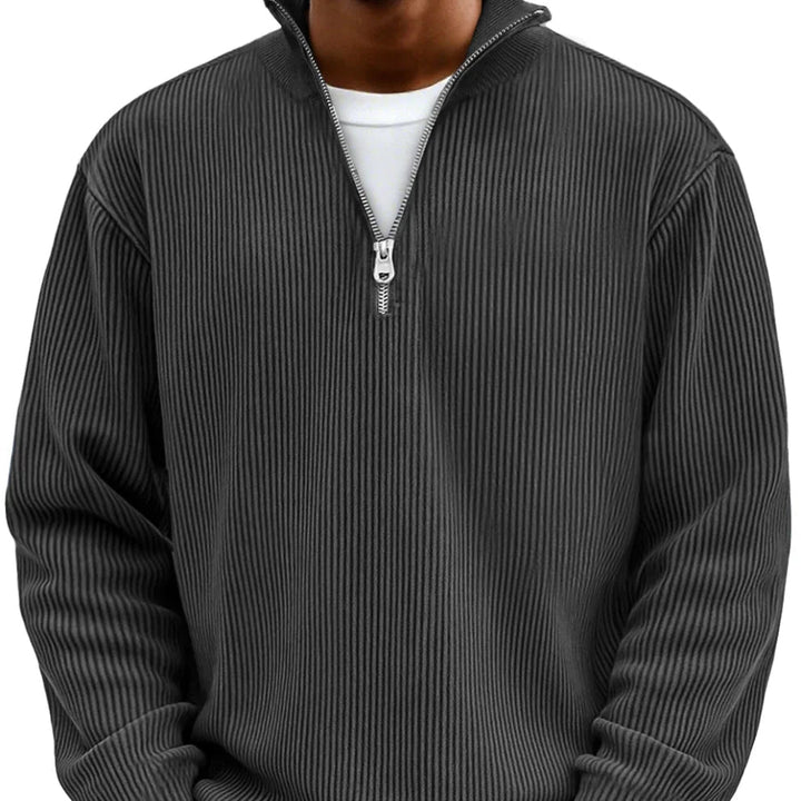 Nolan ribbed half-zip mock neck sweater in charcoal gray, close-up front view