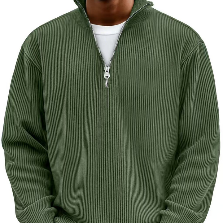 Nolan ribbed half-zip mock neck sweater in olive green, close-up front view
