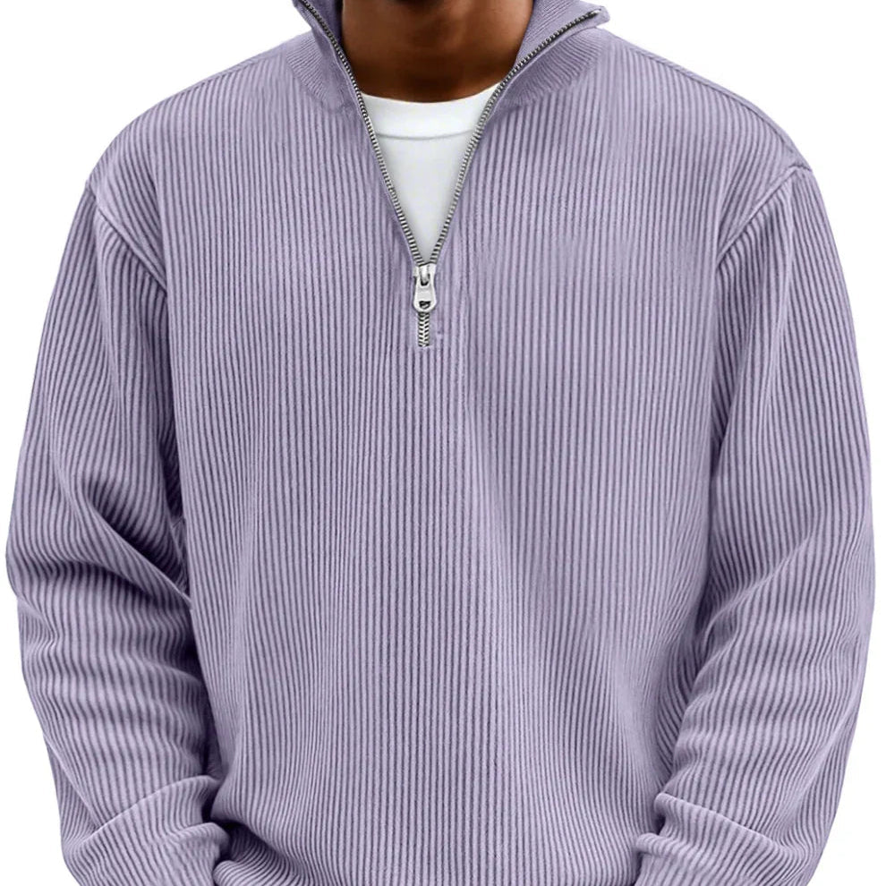 Nolan ribbed half-zip mock neck sweater in lavender, close-up front view