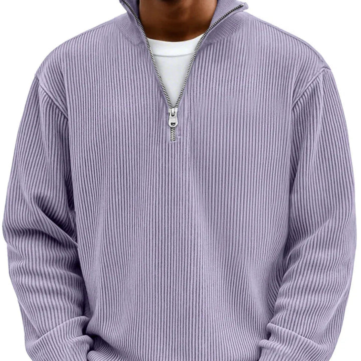 Nolan ribbed half-zip mock neck sweater in lavender, close-up front view