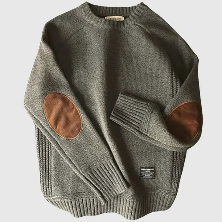 Percival gray elbow patch crew neck knit sweater, flat lay front view