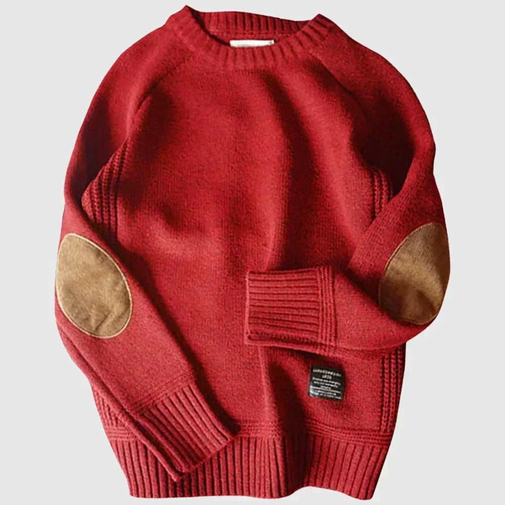 Percival red elbow patch crew neck knit sweater, flat lay front view