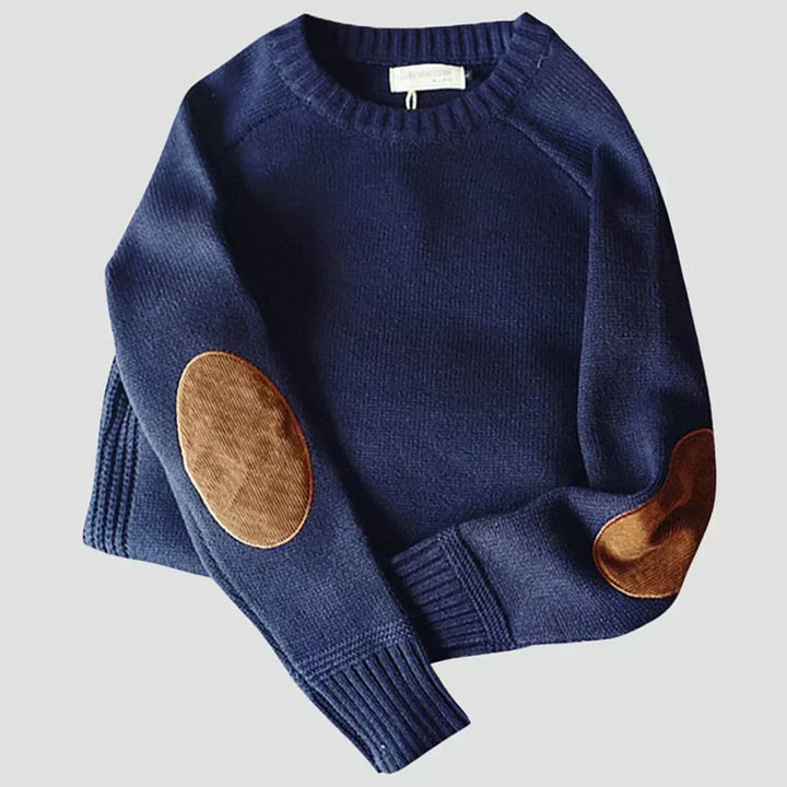 Percival navy elbow patch crew neck knit sweater, flat lay front view