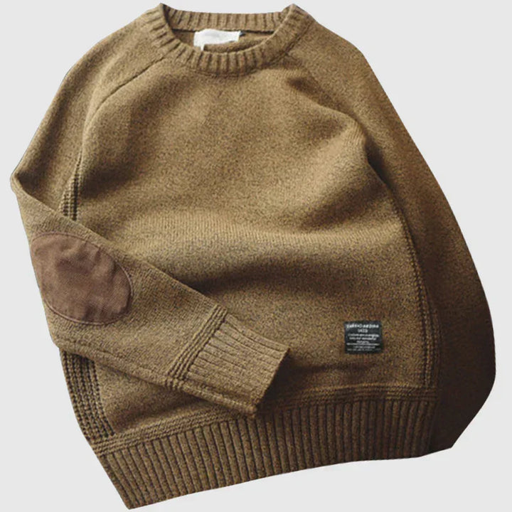 Percival brown elbow patch crew neck knit sweater, flat lay front view