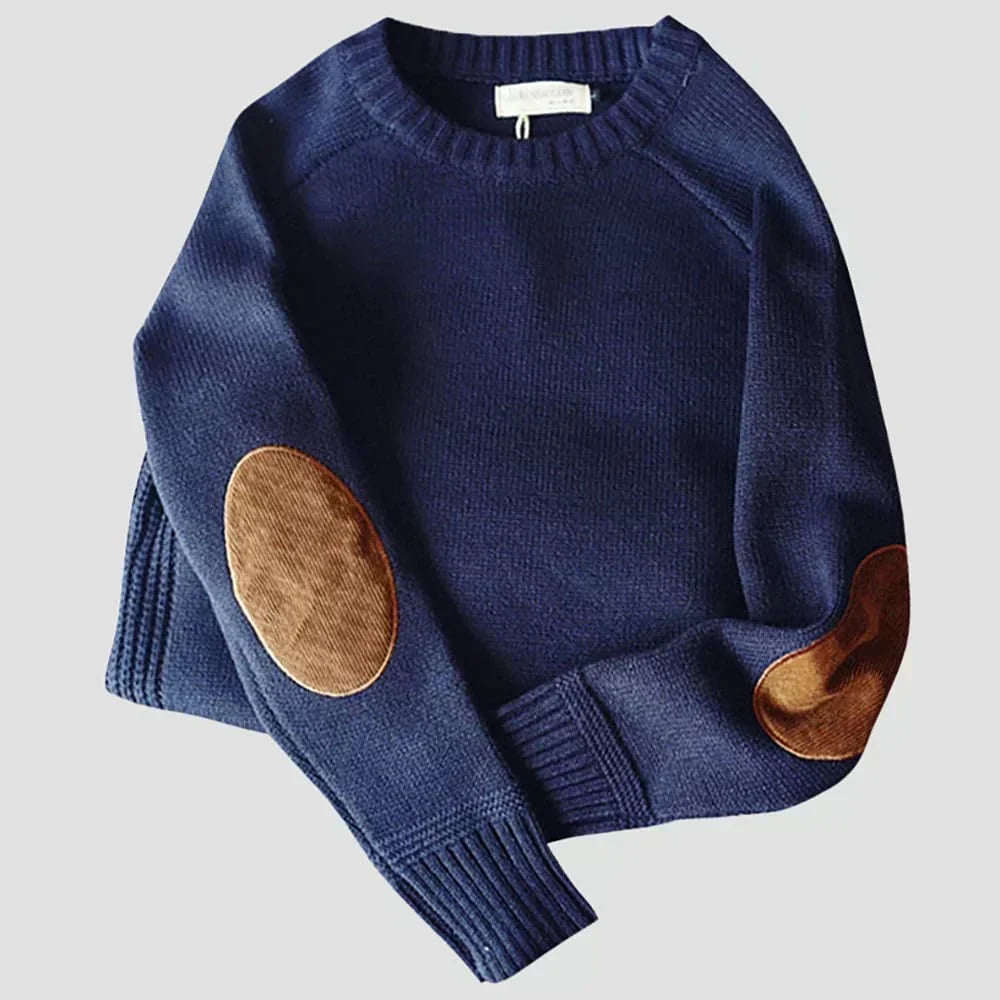 Percival navy elbow patch crew neck knit sweater, folded sleeve detail view