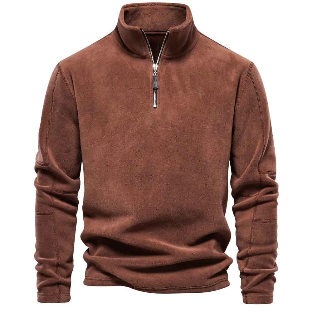 Preston classic quarter-zip mock neck sweatshirt in brown, front view