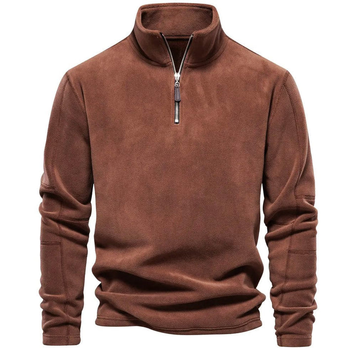Preston classic quarter-zip mock neck sweatshirt in brown, front view