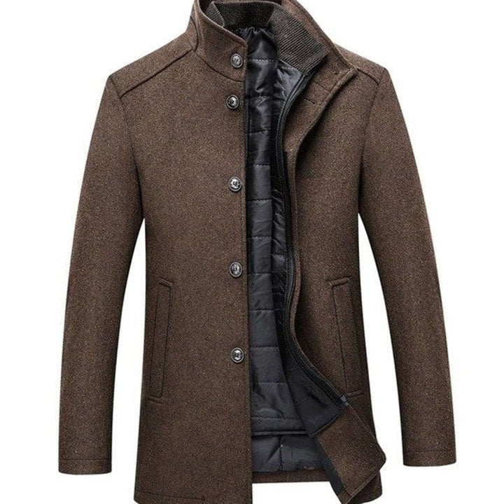 Preston stand collar button-up insulated jacket in brown, front view open showing quilted lining