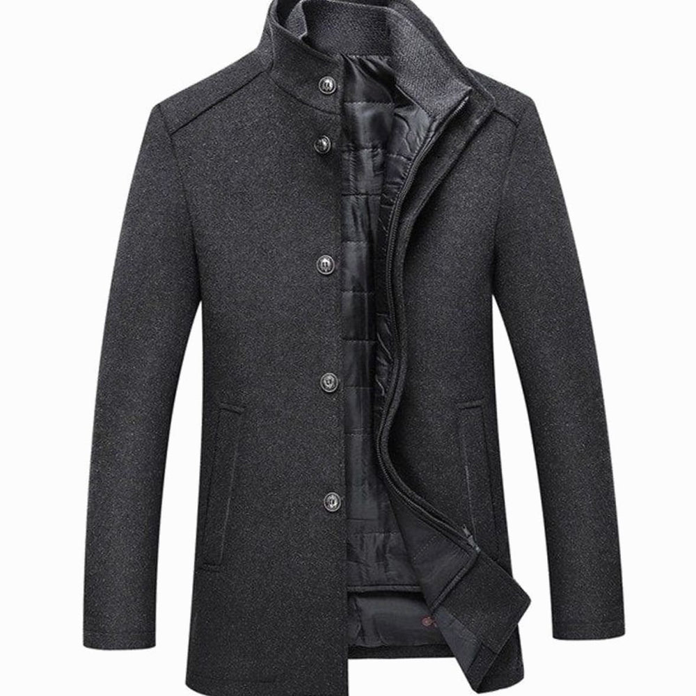 Preston stand collar button-up insulated jacket in charcoal gray, front view open showing quilted lining