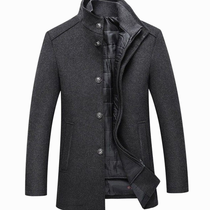 Preston stand collar button-up insulated jacket in charcoal gray, front view open showing quilted lining