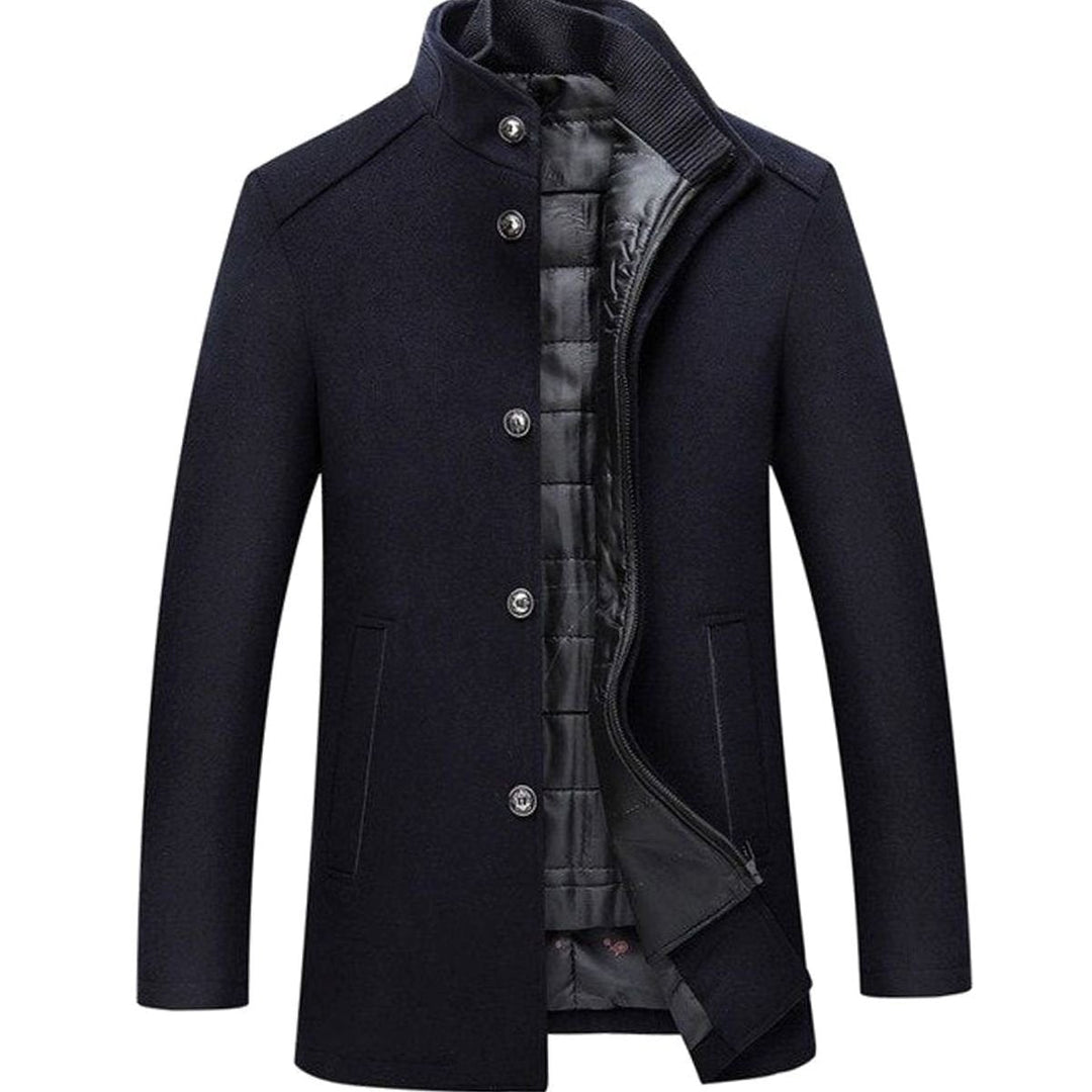 Preston stand collar button-up insulated jacket in navy blue, front view open showing quilted lining