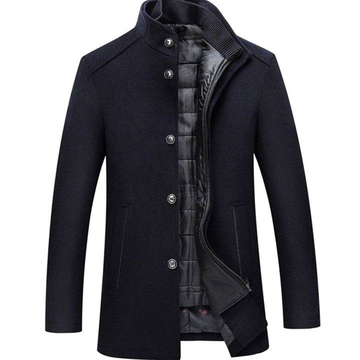 Preston stand collar button-up insulated jacket in navy blue, front view open showing quilted lining