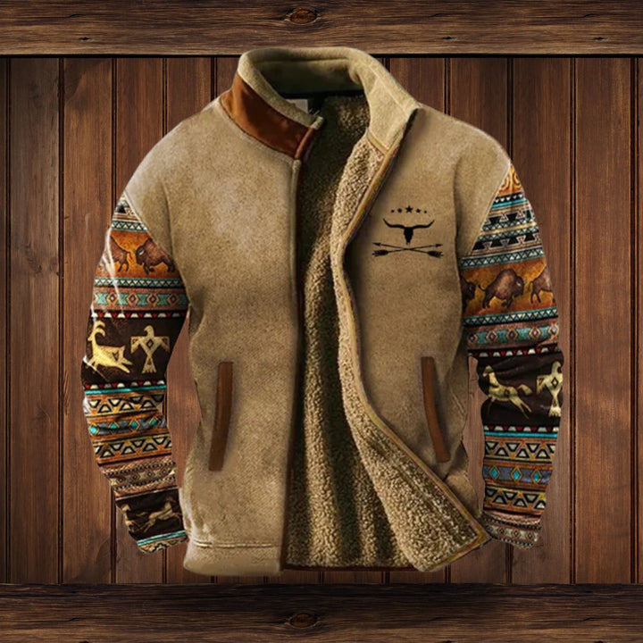 Roman tan Aztec print sherpa lined fleece jacket, front view open