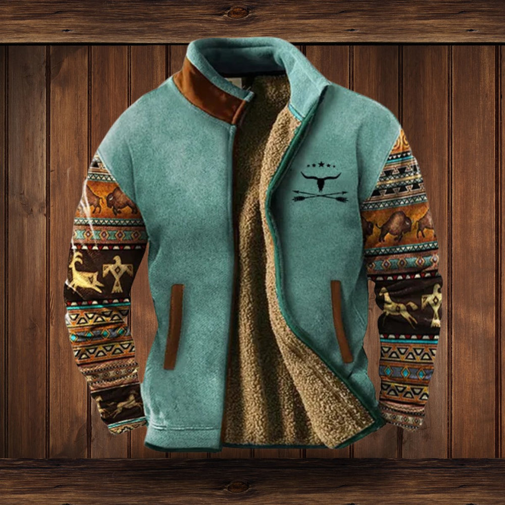 Roman teal Aztec print sherpa lined fleece jacket, front view open