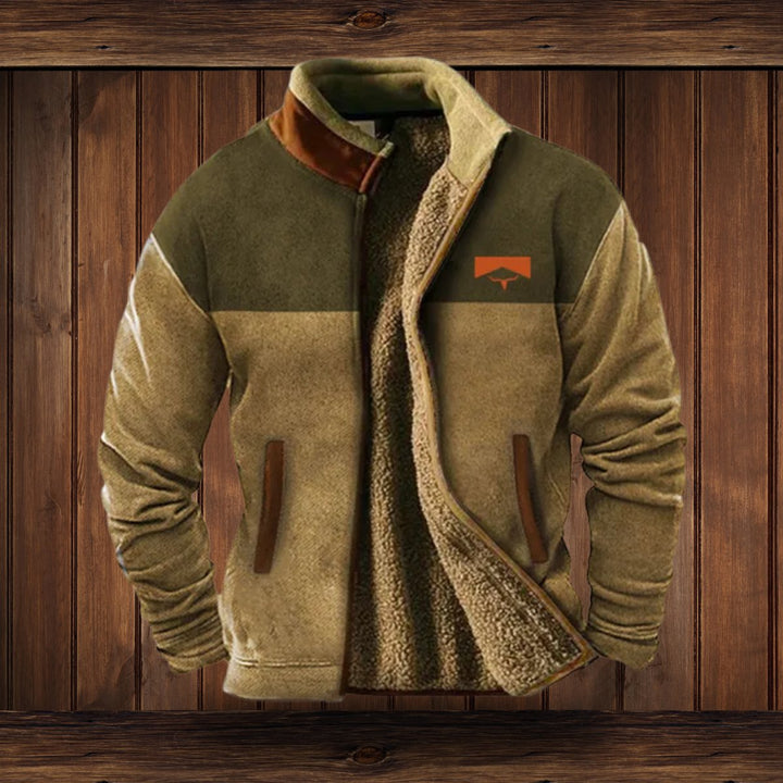 Roman tan color block fleece jacket with orange logo, front view open