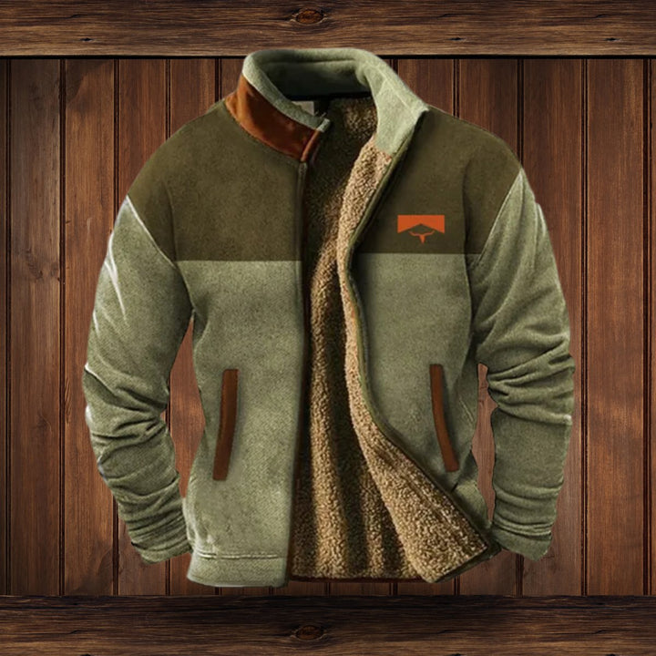 Roman olive color block fleece jacket with orange logo, front view open