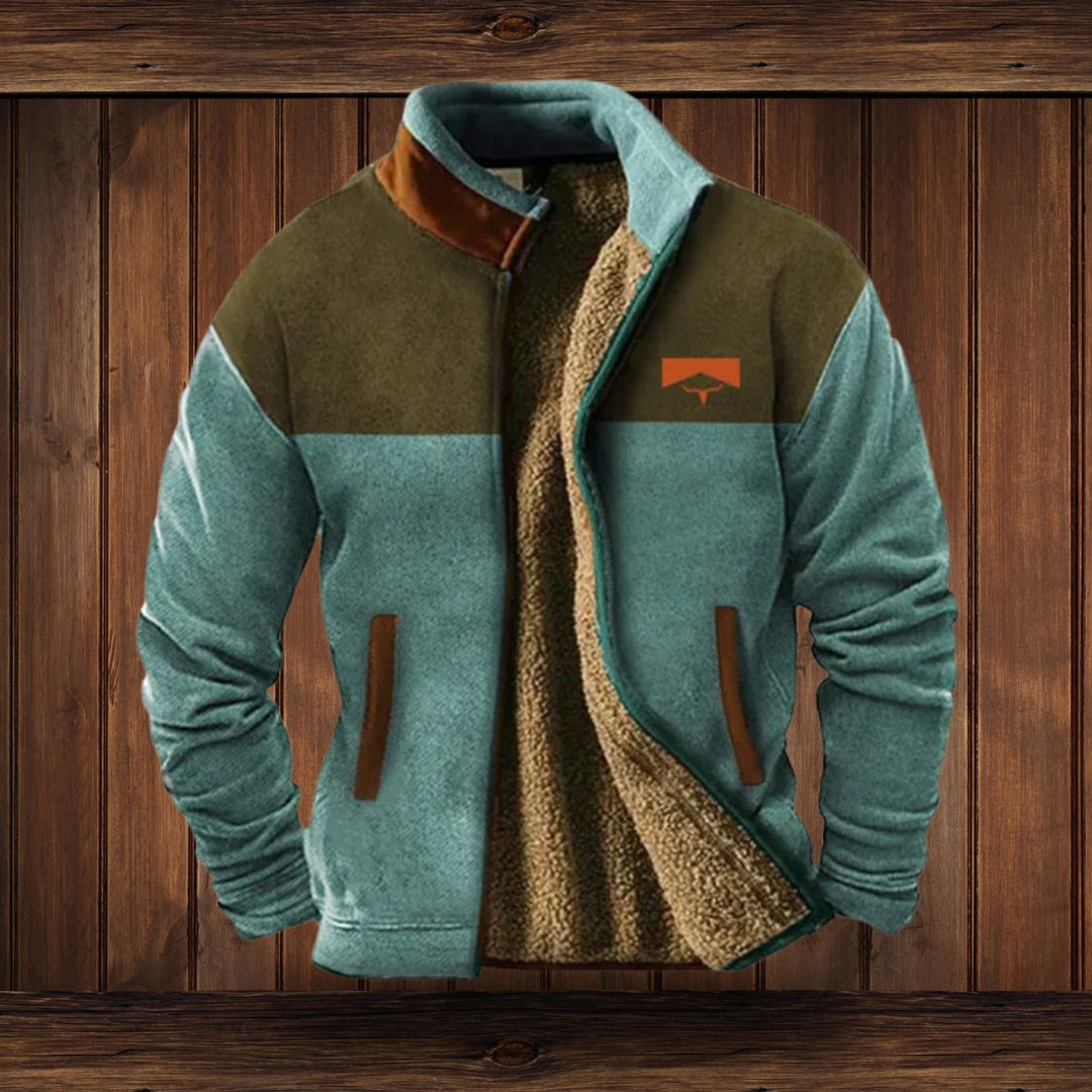 Roman sage and olive color block fleece jacket, front view open