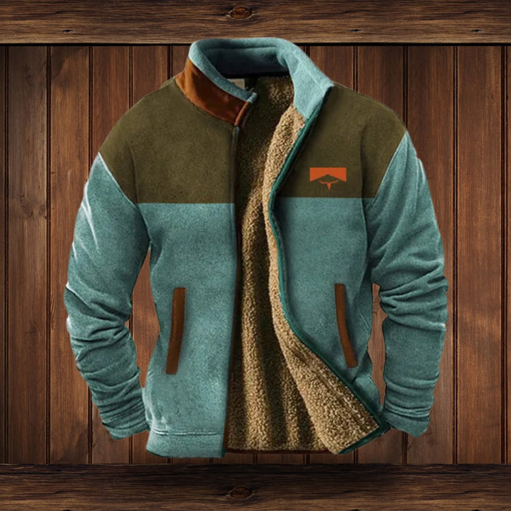 Roman sage and olive color block fleece jacket, front view open