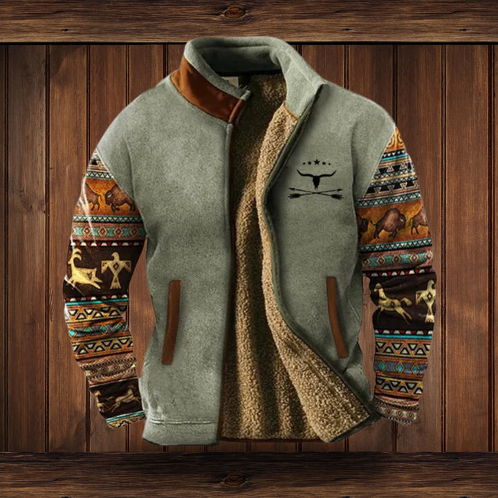Roman sage Aztec print sherpa lined fleece jacket, front view open