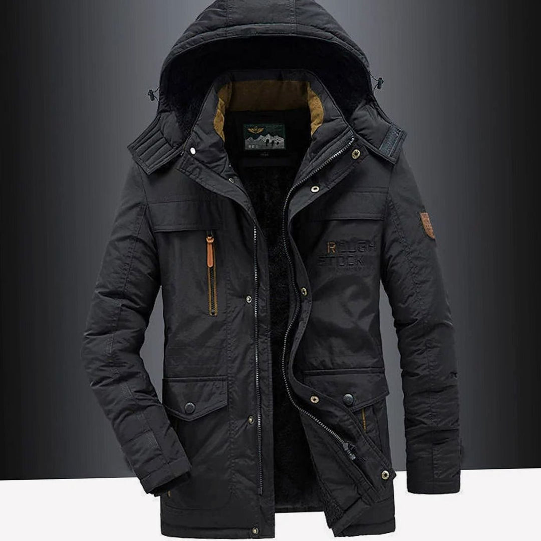 Roman fleece-lined hooded winter jacket in black, front view