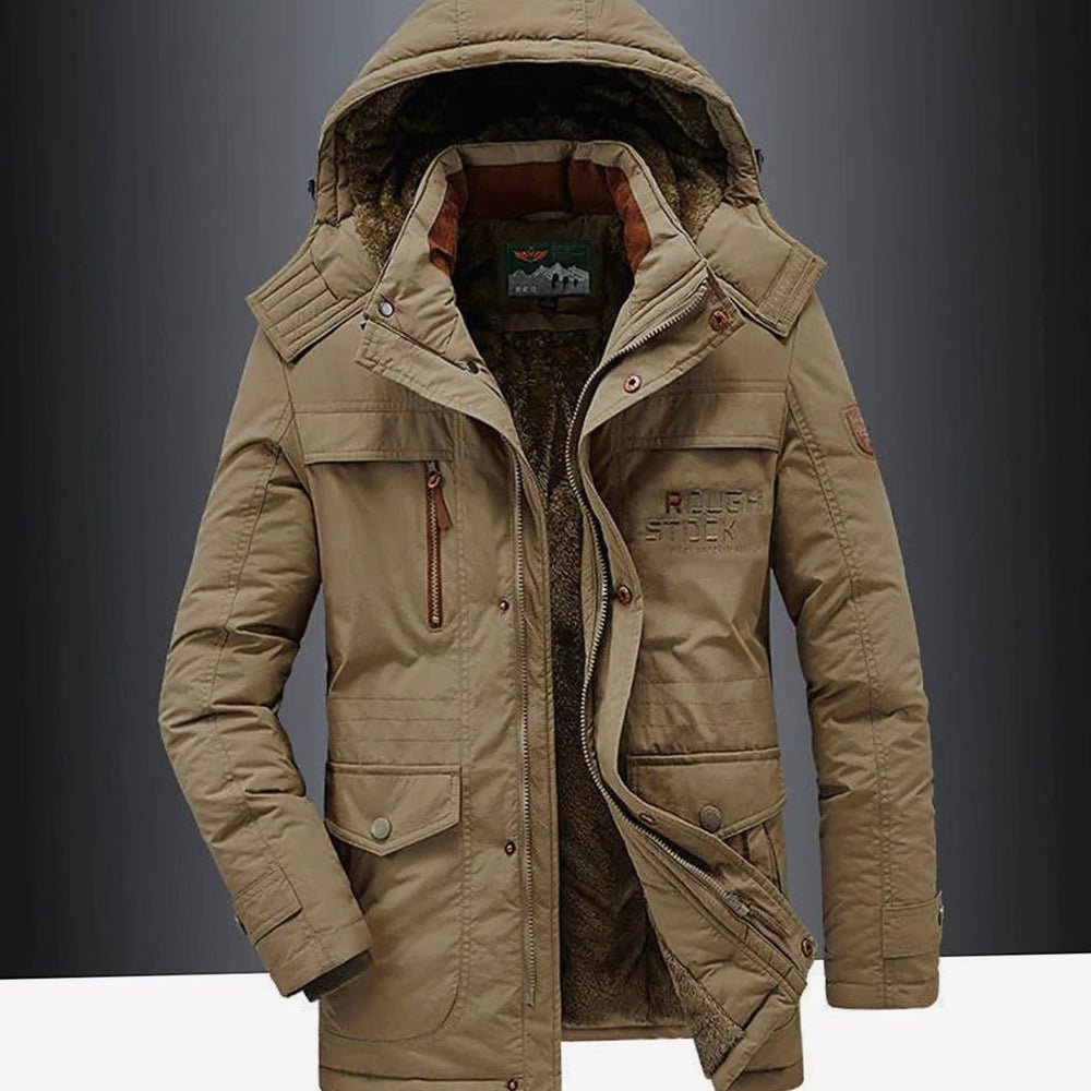 Roman insulated winter jacket in khaki, front view with hood up