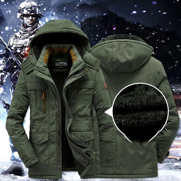 Roman hooded winter jacket in olive green, front and hood detail with fleece lining close-up
