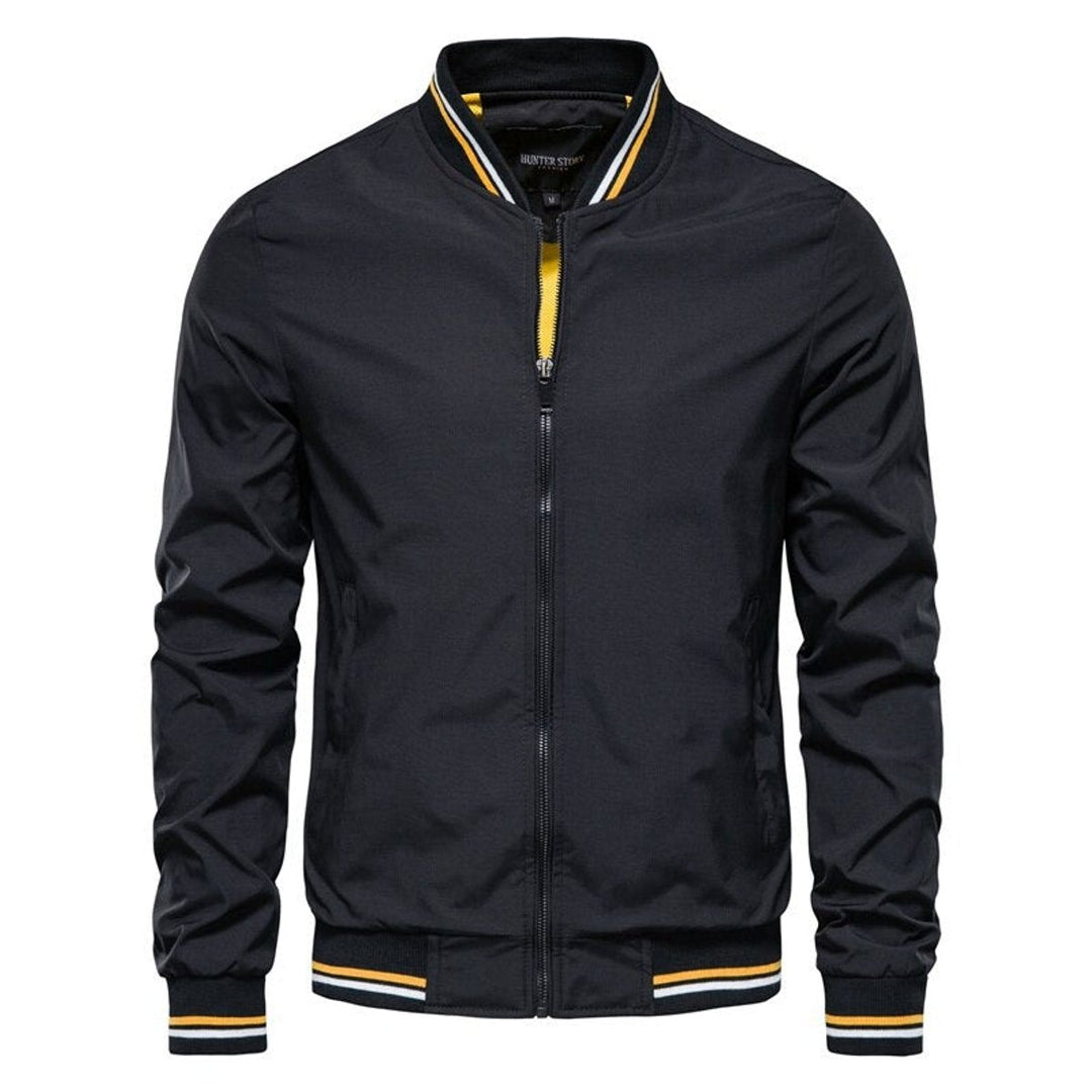Roman ribbed trim bomber jacket in black, front view