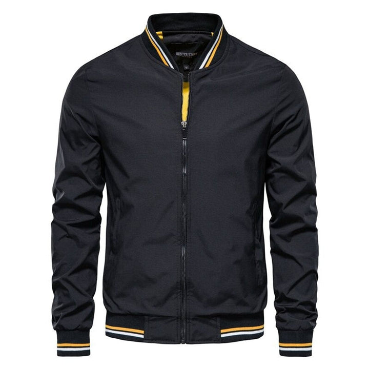 Roman ribbed trim bomber jacket in black, front view