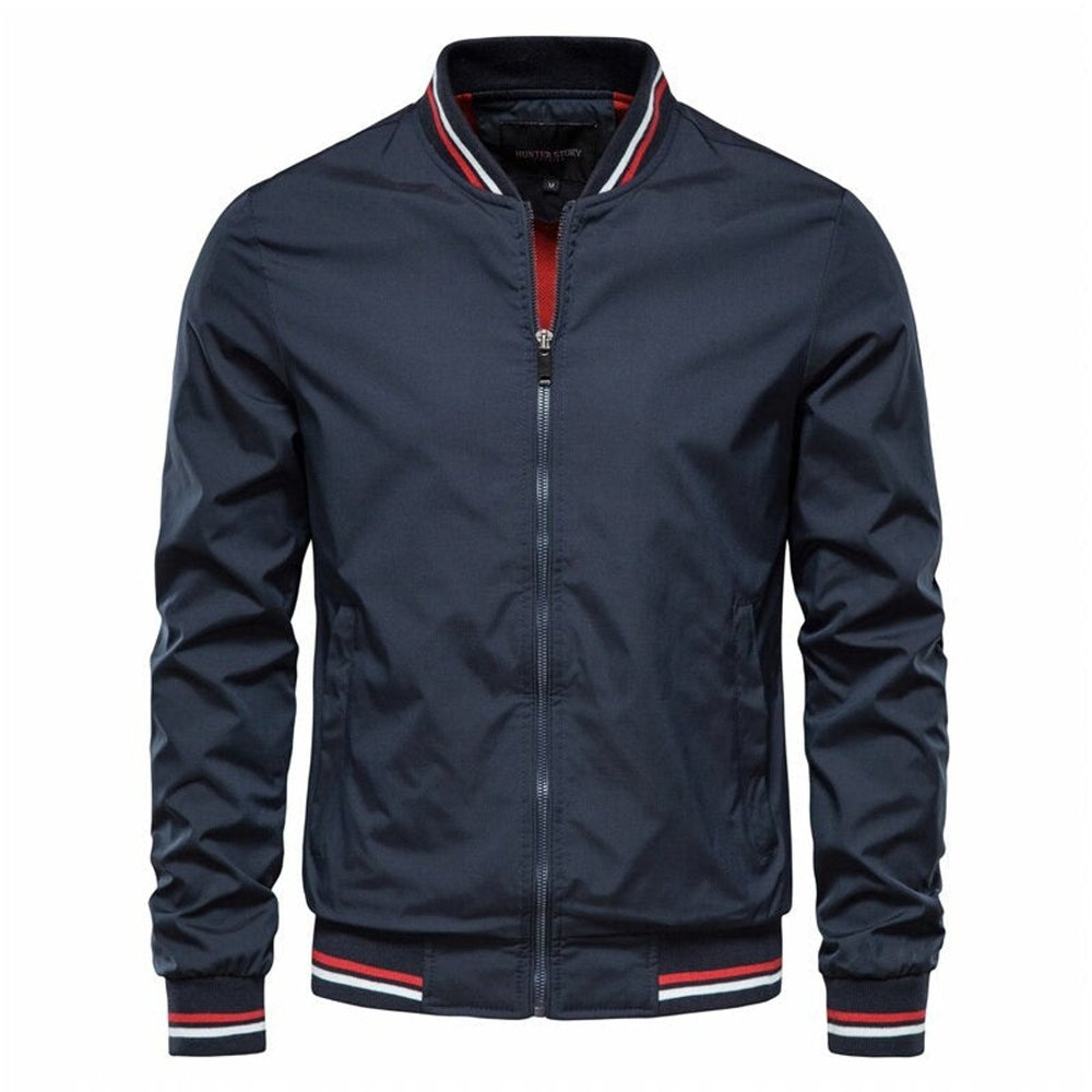 Roman ribbed trim bomber jacket in navy, front view