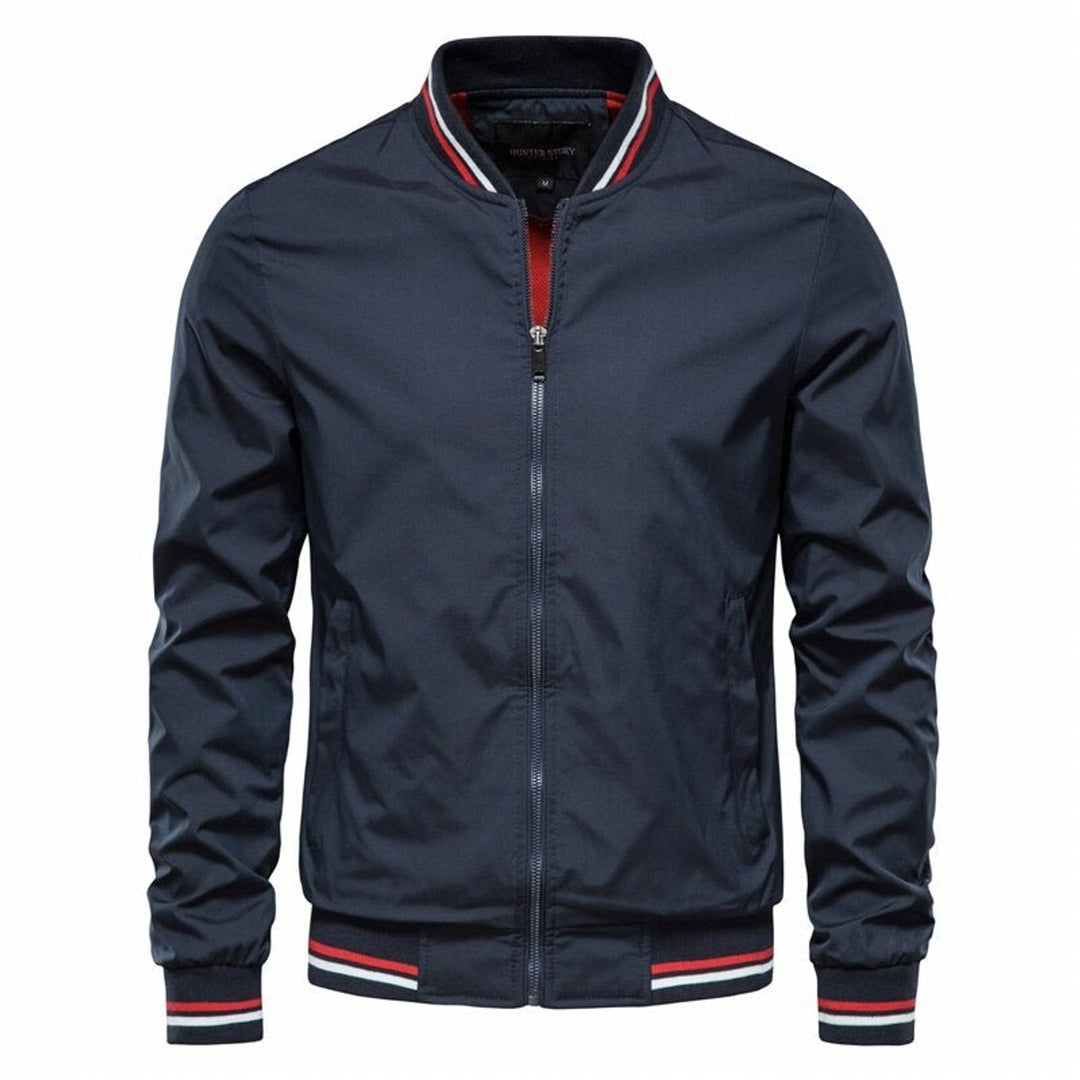Roman ribbed trim bomber jacket in navy, front view
