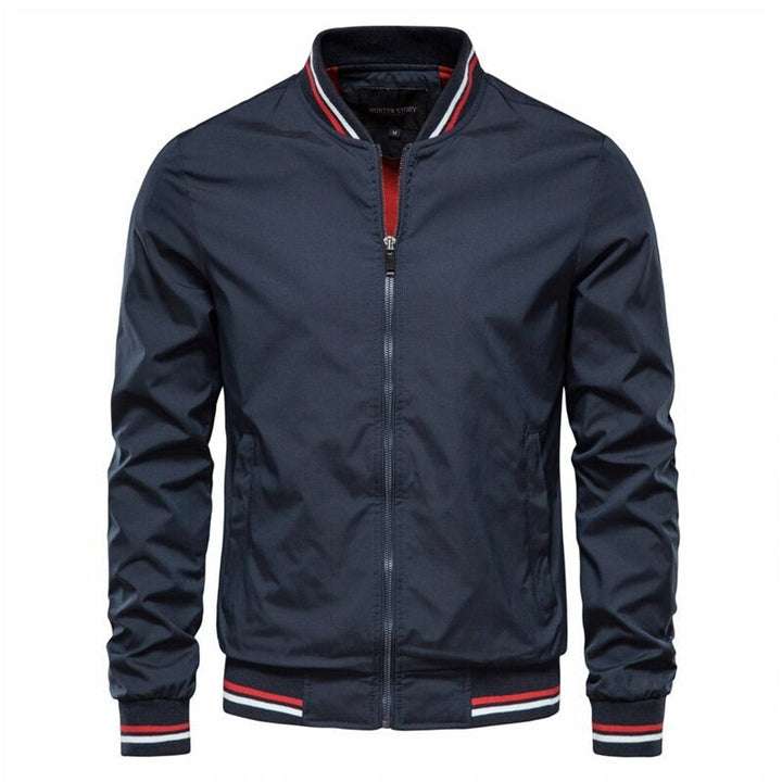 Roman ribbed trim bomber jacket in navy, front view
