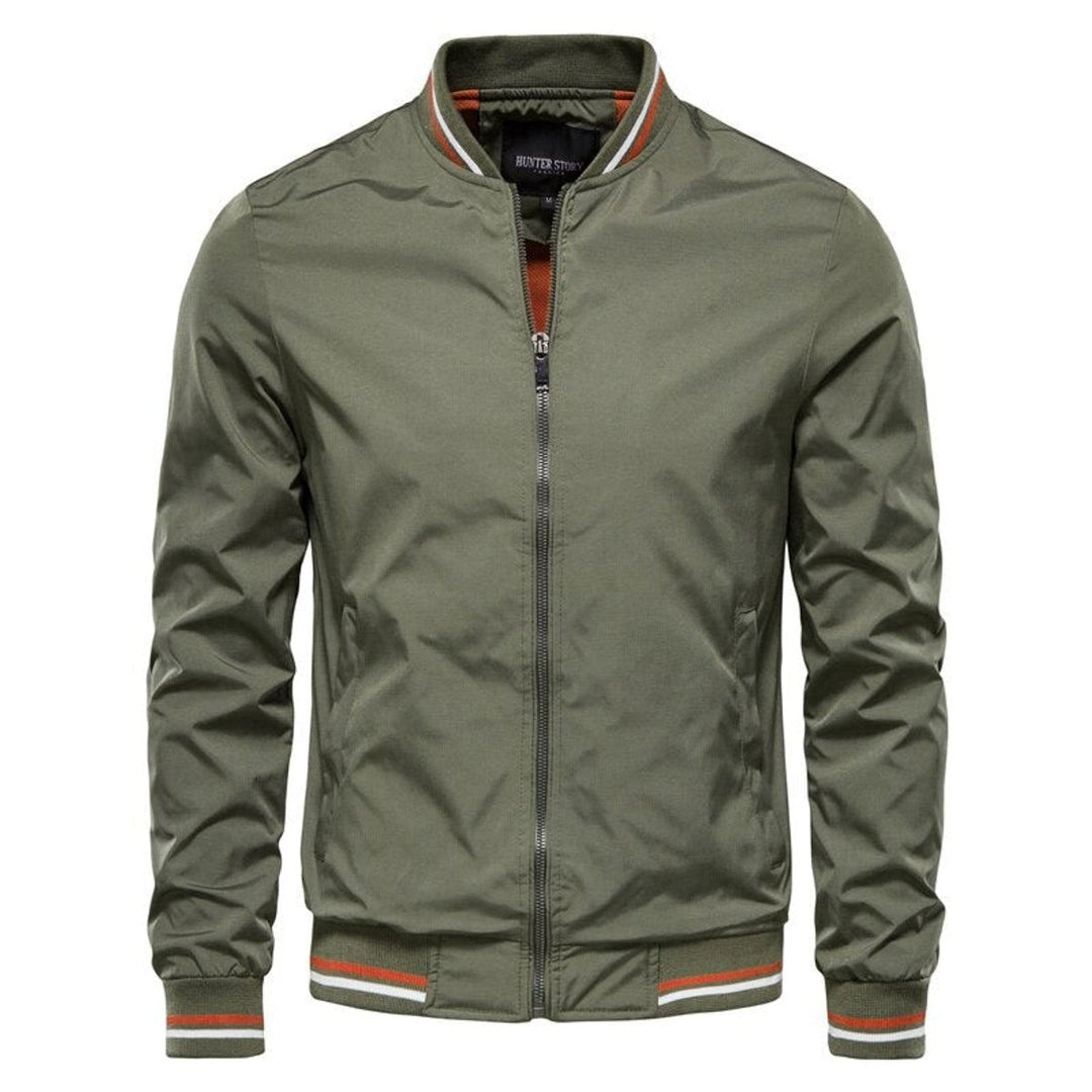 Roman ribbed trim bomber jacket in green, front view