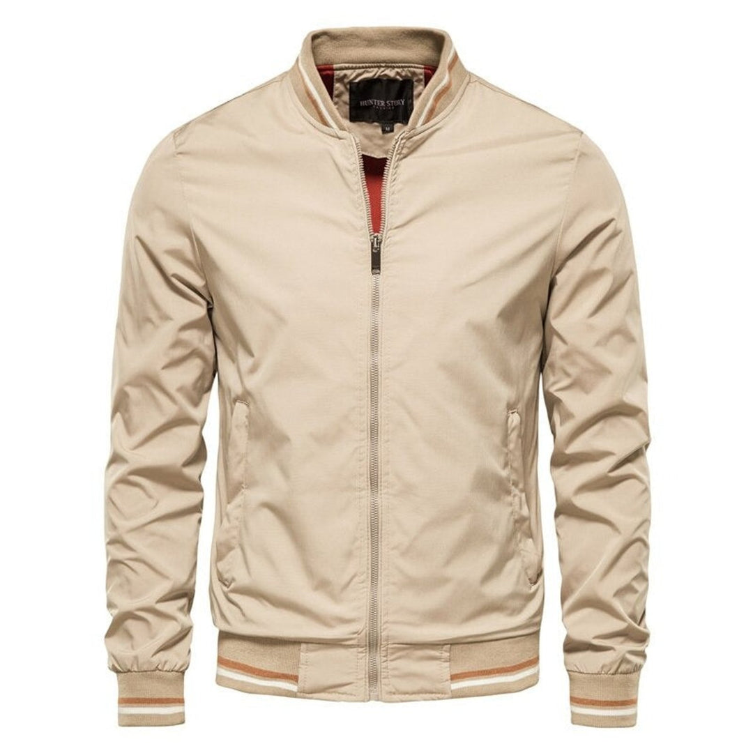 Roman ribbed trim bomber jacket in beige, front view