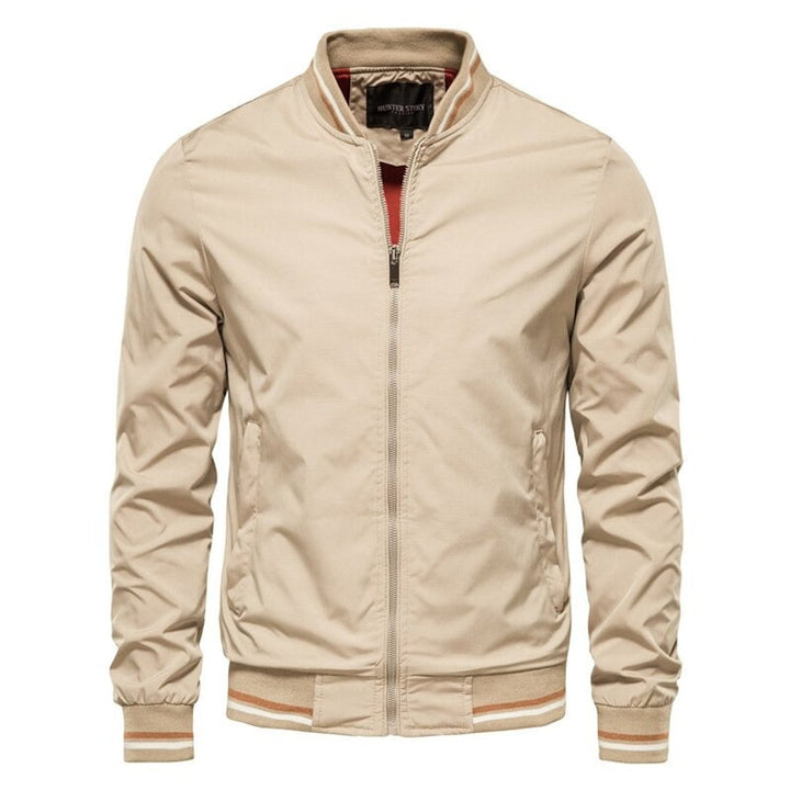 Roman ribbed trim bomber jacket in beige, front view