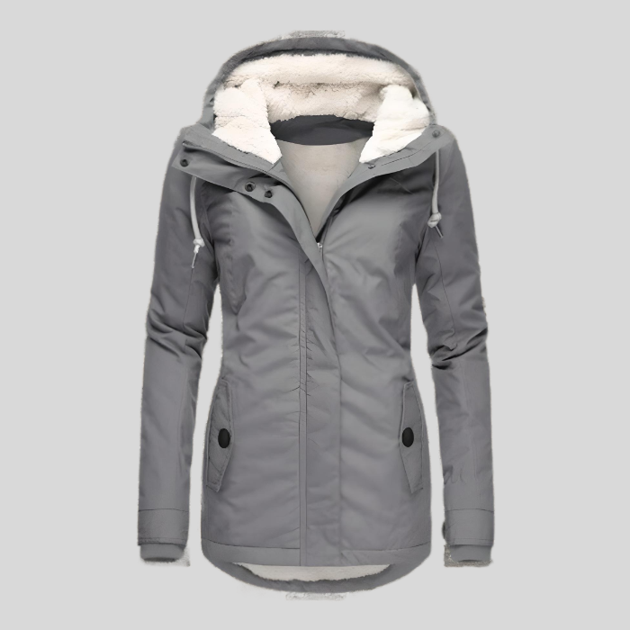 Rosalind hooded winter coat in gray, front view