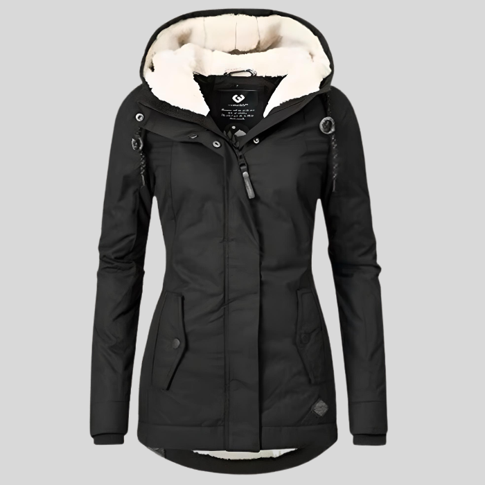 Rosalind hooded winter coat in black, front view